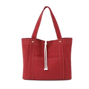 Jeelow 16 oz Washed Canvas Tote Shoulder Bags Purse Handbag For Men & Women Double Handles (Red)