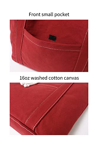 Jeelow 16 oz Washed Canvas Tote Shoulder Bags Purse Handbag For Men & Women Double Handles (Red)