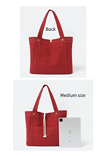 Jeelow 16 oz Washed Canvas Tote Shoulder Bags Purse Handbag For Men & Women Double Handles (Red)