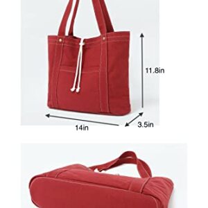 Jeelow 16 oz Washed Canvas Tote Shoulder Bags Purse Handbag For Men & Women Double Handles (Red)