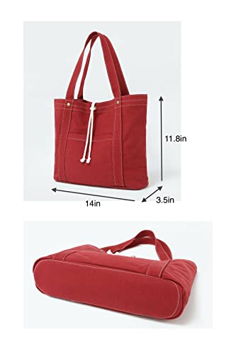 Jeelow 16 oz Washed Canvas Tote Shoulder Bags Purse Handbag For Men & Women Double Handles (Red)