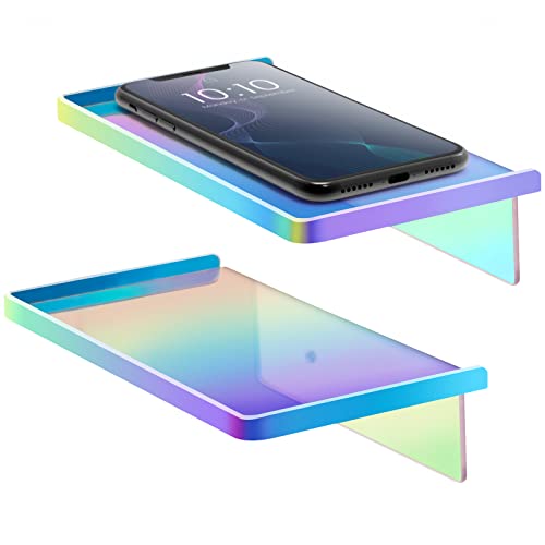 NiHome Iridescent Acrylic Floating Shelf 7.2"x3.7" Set of 2 Wall-Mounted Rainbow Ledge Shelves with Adhesive and Screw Mount Options for Phone, Bathroom, Kitchen, Bedroom, Office and Home Decor