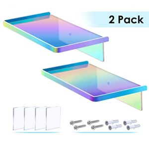 NiHome Iridescent Acrylic Floating Shelf 7.2"x3.7" Set of 2 Wall-Mounted Rainbow Ledge Shelves with Adhesive and Screw Mount Options for Phone, Bathroom, Kitchen, Bedroom, Office and Home Decor