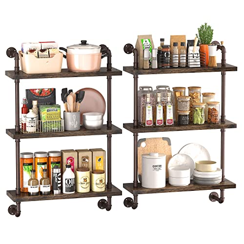 PUSDON Industrial Pipe Shelving Wall Mounted 24 Inch 3 Tier,Bathroom Bronze Metal Floating Shelves, Wood Hanging Storage Bookshelf (W24inch - 2 Sets) - Drak Coffee