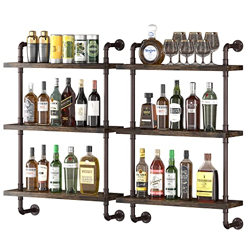 PUSDON Industrial Pipe Shelving Wall Mounted 24 Inch 3 Tier,Bathroom Bronze Metal Floating Shelves, Wood Hanging Storage Bookshelf (W24inch - 2 Sets) - Drak Coffee