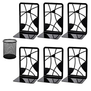 book ends metal bookends for shelves, decorative bookends for office school home, 3 pair black heavy duty bookends abstract art design book stoppers with pen holder,6 piece