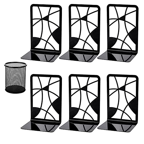 Book Ends Metal Bookends for Shelves, Decorative Bookends for Office School Home, 3 Pair Black Heavy Duty Bookends Abstract Art Design Book Stoppers with Pen Holder,6 Piece