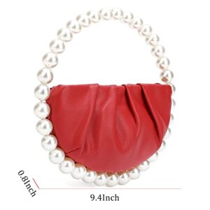 Pearl Soft Face Pleated Handbag Advanced Evening Bag Party Prom Bride Purse Phone Clutch Purse (Red)