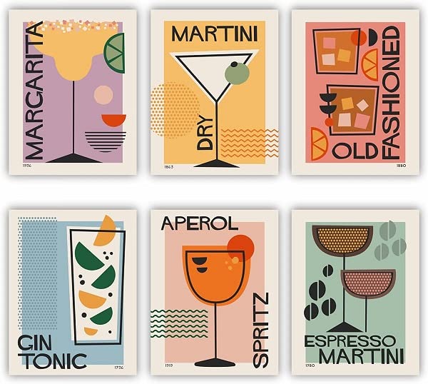 Print A To Z® Cocktail Wall Art Poster Prints Decor Set, UNFRAMED Set of 6 ( 8''x10'' ), Bar Wall Decor, Boho Cocktail Mixology Wall Art Print for Bar - by Print A To Z | Alcohol Bar Themed Kitchen Home, Bar Cart Decor Cocktail Poster, cocktail wall art s