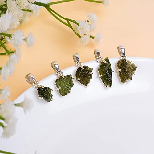 Vilorra Certified Genuine Moldavite Crystal Necklace, 925 Sterling Silver Czech Republic Moldavite Rough Pendant Small Size with Activation Guide Book and Testing Certificate