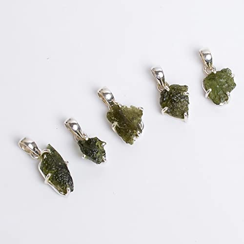 Vilorra Certified Genuine Moldavite Crystal Necklace, 925 Sterling Silver Czech Republic Moldavite Rough Pendant Small Size with Activation Guide Book and Testing Certificate