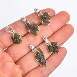 Vilorra Certified Genuine Moldavite Crystal Necklace, 925 Sterling Silver Czech Republic Moldavite Rough Pendant Small Size with Activation Guide Book and Testing Certificate