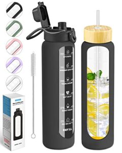 nefeeko 32 oz glass water bottles with straw, motivational glass water bottle with time marker, 1 liter bpa free leakproof reusable glass water bottle with silicone sleeve, bamboo lid, spout lid