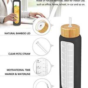 Nefeeko 32 oz Glass Water Bottles with Straw, Motivational Glass Water Bottle with Time Marker, 1 Liter BPA FREE Leakproof Reusable Glass Water Bottle with Silicone Sleeve, Bamboo Lid, Spout Lid