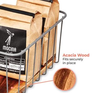 The Ría Safford Collection by iDesign Pantry Wire Basket with Acacia Wood, 10" x 5" x 5", Charcoal