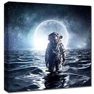 Moon Painting Astronaut Wall Art - Framed Spaceman Print Decoration 12 x 12 Inches Inspirational Outer Space Canvas Picture Bright Moonlight Poster Modern Planet Artwork For Bedroom Living Room Decor