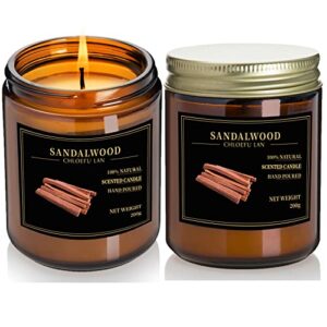 chloefu lan sandalwood scented candles for home, highly scented, natural wax, 45 hours long burning, aromatherapy candles in giftable box for home and office, cotton wick, amber glass jar 2 pack