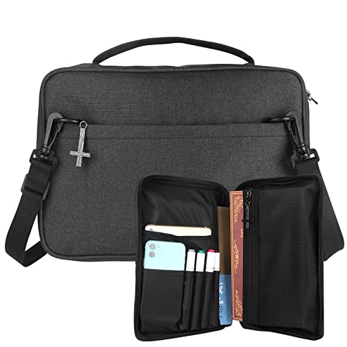 Bible Cover Bible Carrying Case 12"x8"x1.5" Bible Case Bible Covers with Shoulder Strap Pockets and Zipper Bible Book Covers for Men Women Bible Study (Black)