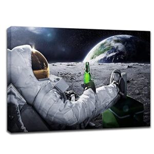 huilida spaceman wall art decor pictures – astronaut drinking beer on moon framed paintings for teens bedroom real outer space themed posters universe planet prints nursery living room decoration