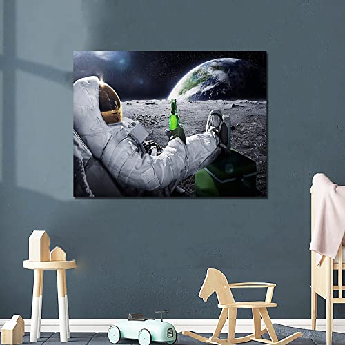 Huilida Spaceman Wall Art Decor Pictures - Astronaut Drinking Beer on Moon Framed Paintings for Teens Bedroom Real Outer Space Themed Posters Universe Planet Prints Nursery Living Room Decoration