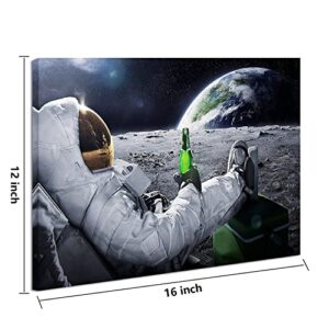 Huilida Spaceman Wall Art Decor Pictures - Astronaut Drinking Beer on Moon Framed Paintings for Teens Bedroom Real Outer Space Themed Posters Universe Planet Prints Nursery Living Room Decoration