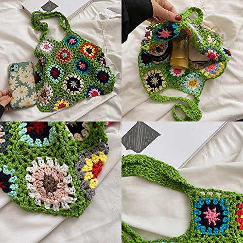 Crochet Tote Bag Aesthetic Boho Knitted Bag Small Floral Crochet Hobo Bag Purse Cute Fairycore Shoulder Bag for Women Fairy Grunge Tote Bag