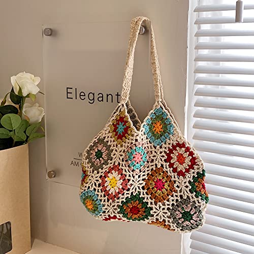 Crochet Tote Bag Aesthetic Boho Knitted Bag Small Floral Crochet Hobo Bag Purse Cute Fairycore Shoulder Bag for Women Fairy Grunge Tote Bag