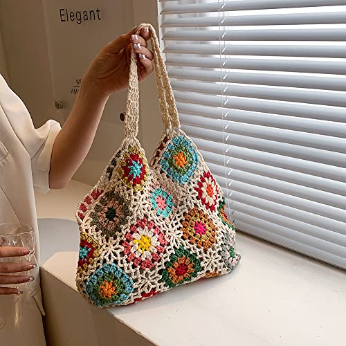 Crochet Tote Bag Aesthetic Boho Knitted Bag Small Floral Crochet Hobo Bag Purse Cute Fairycore Shoulder Bag for Women Fairy Grunge Tote Bag