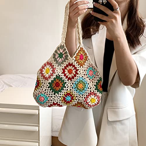 Crochet Tote Bag Aesthetic Boho Knitted Bag Small Floral Crochet Hobo Bag Purse Cute Fairycore Shoulder Bag for Women Fairy Grunge Tote Bag