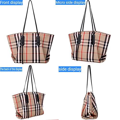 Handbags for Women, Canvas Fashion Shoulder Bag, Tote Bag Purse Top Handle Hobo Handbag,Stripes Style Large Capacity Purse Fashion Satchel with Zipper (Checkered Khaki)