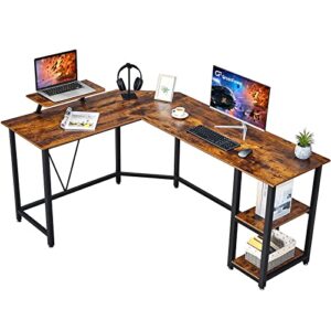 greenforest l shaped computer desk with monitor stand 66 inch large corner computer desk with storage shelves for home office pc workstation writing desk,brown