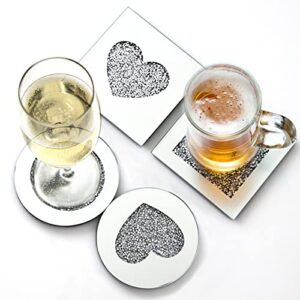 VASUHOME 4PCS Glass Mirrored Coaster Set - 4" Round Cup Mat with Crushed Diamond Decor, Ideal for Bar Tools and Dining Tables Tabletop Decoration