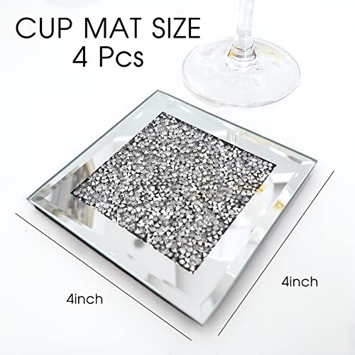 VASUHOME 4PCS Glass Mirrored Coaster Set - 4" Round Cup Mat with Crushed Diamond Decor, Ideal for Bar Tools and Dining Tables Tabletop Decoration