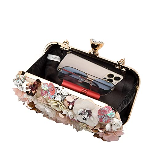 LETODE Flower Clutch Purse Evening Bag for Women Formal Party Handbag Chain Strap Shoulder Bag (Gold)