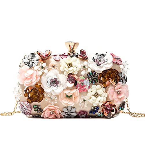 LETODE Flower Clutch Purse Evening Bag for Women Formal Party Handbag Chain Strap Shoulder Bag (Gold)