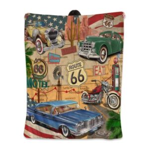 Car Route 66 Blanket for Kids Teens Adults, Soft Lightweight Cozy Microfiber Flannel Fleece Vintage Throw Blanket Gifts for Women Men Girls -Size 40"x50"(Child)