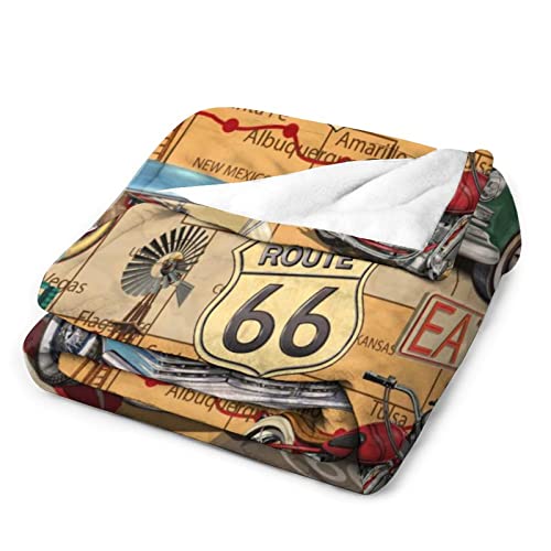 Car Route 66 Blanket for Kids Teens Adults, Soft Lightweight Cozy Microfiber Flannel Fleece Vintage Throw Blanket Gifts for Women Men Girls -Size 40"x50"(Child)