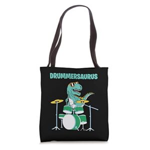 drummersaurus trex dinosaur drummer drumset percussion music tote bag