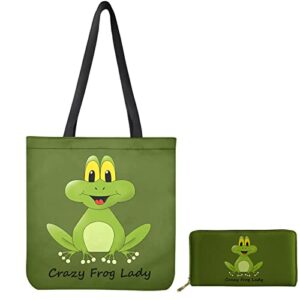 bulopur crazy frog lady printing shopping tote bags women’s wallet 2pcs canvas tote bag with interior pocket coin purse zip around
