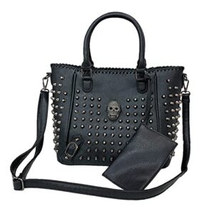yaqunicer skull tote purse top-handle handbags for women punk rivet satchel pu leather shoulder crossbody bag-b black
