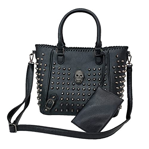 YAQUNICER Skull Tote Purse Top-handle Handbags for Women Punk Rivet Satchel PU Leather Shoulder Crossbody Bag-B Black