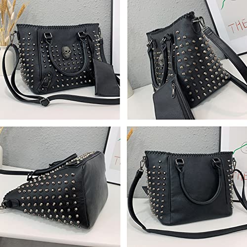 YAQUNICER Skull Tote Purse Top-handle Handbags for Women Punk Rivet Satchel PU Leather Shoulder Crossbody Bag-B Black