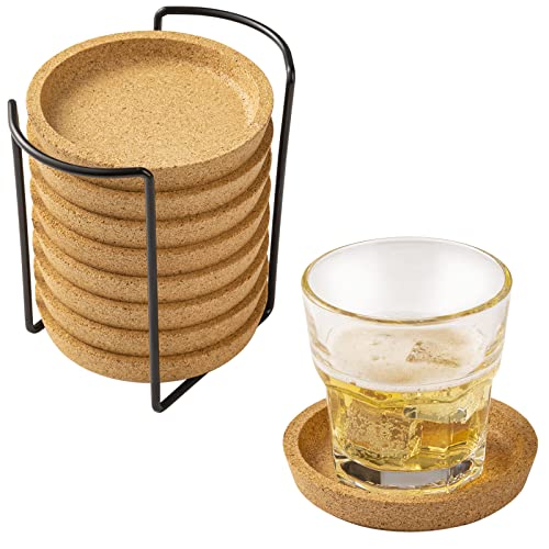 Cork Coasters with Lip for Drinks - 8pcs Coasters Absorbent with Metal Holder Water Resistant，3.94In Thick Rural Natural Cork Coasters for Decor - Living Room, Kitchen, Bar and Housewarming Gift Idea