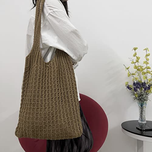 Hobo bag for women contrast color large capacity tote bag shoulder bag women's trendy knitted bag(Khaki)