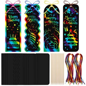 gsnma 72 sets 4 style magic scratch rainbow bookmarks scratch bookmarks paper diy bookmark crafts with 72 pieces colorful ropes and 20 pieces wood stick for christmas and birthday party favor