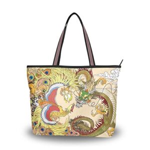 bolaz tote bag with zipper for women chinese dragon phoenix handbags pockets shoulder bag work large travel office business