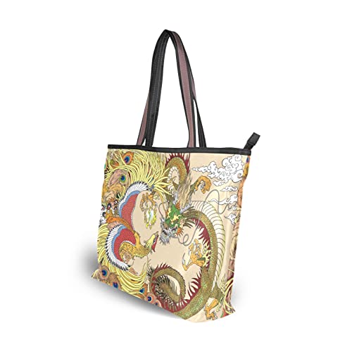 Bolaz Tote Bag with Zipper for Women Chinese Dragon Phoenix Handbags Pockets Shoulder Bag Work Large Travel Office Business