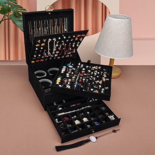 GYJOYERO Jewelry Organizer 5 Layers Velvet Square Jewelry Box Women Necklace Ear studs Display Bangles Large Jewelry Storage Case Drawer GY306 (Black)