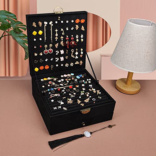 GYJOYERO Jewelry Organizer 5 Layers Velvet Square Jewelry Box Women Necklace Ear studs Display Bangles Large Jewelry Storage Case Drawer GY306 (Black)