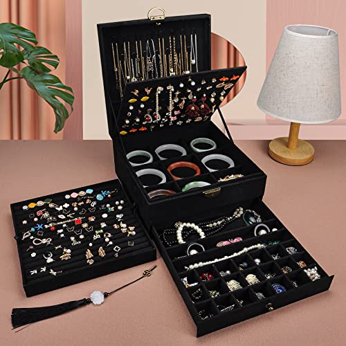 GYJOYERO Jewelry Organizer 5 Layers Velvet Square Jewelry Box Women Necklace Ear studs Display Bangles Large Jewelry Storage Case Drawer GY306 (Black)